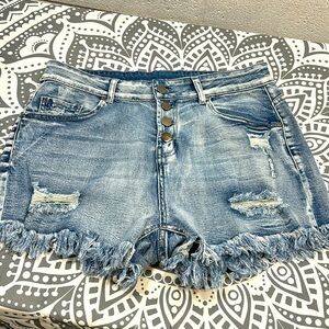 NWOT Stretchy blue jean button up shorts with Fringe​​​​​​​​​